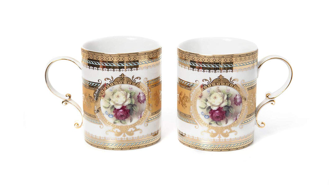 Royalty Porcelain 2-pc Mugs Set 'Floral Gold', Tea Cups Bone China Porcelain