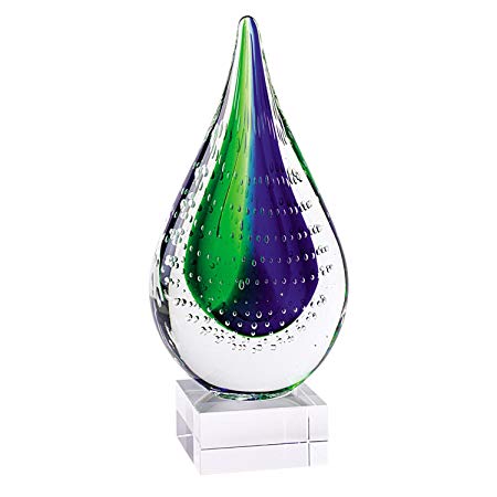 (D) Handcrafted Murano Art Glass Blue & Green Teardrop Figurine 12" on Base