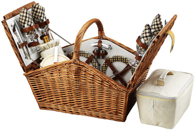 (D) Huntsman Picnic Basket for 4, Full Equipment Set for Outdoor (Brown)