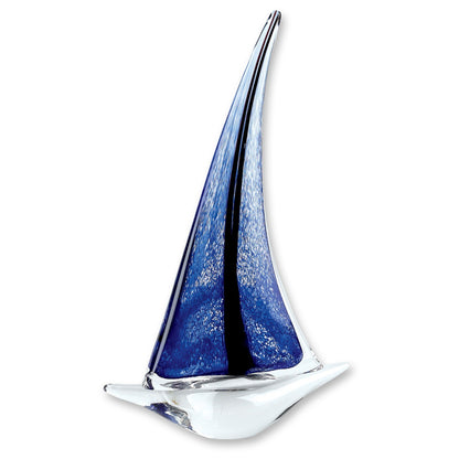 (D) Handcrafted Murano Art Style Glass Ocean Blue Sailboat Figurine 13" on Base
