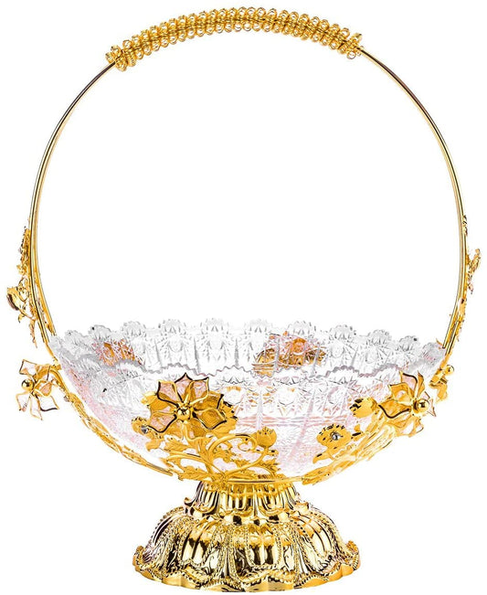 Table Serving Basket With Handle 1 pc, Gold Fruit Bowl with Crystals
