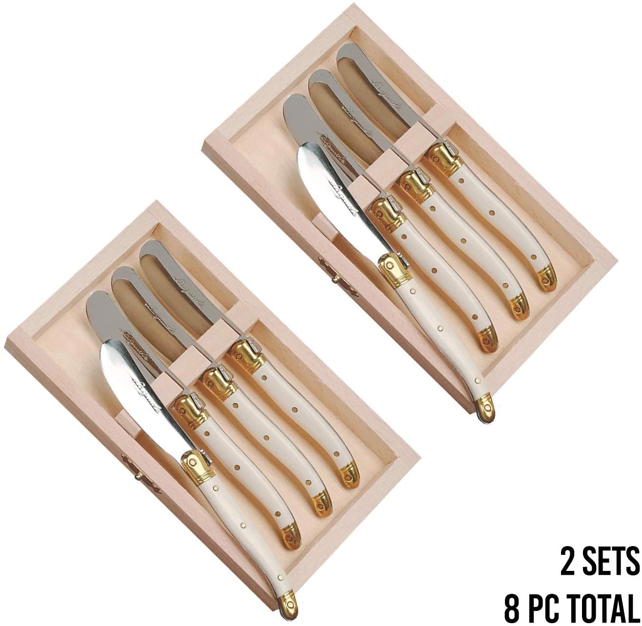 (D) Laguiole Spreaders, French Flatware 4 Ivory Knives in Box, Vintage 2 PACK