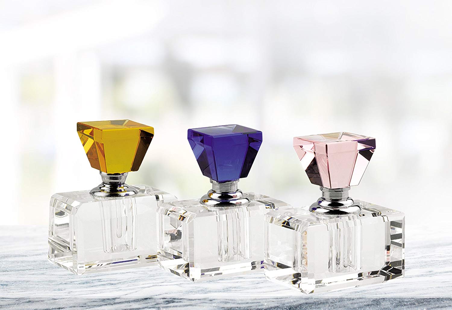 (D) 3 Pc Elegant Round Faceted Crystal Perfume Bottle Set with Rainbow Top Cap