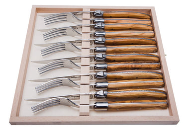 (D) Laguiole Flatware French 12-pc Hand Made Cutlery Set with Olive Wood Handles, Vintage