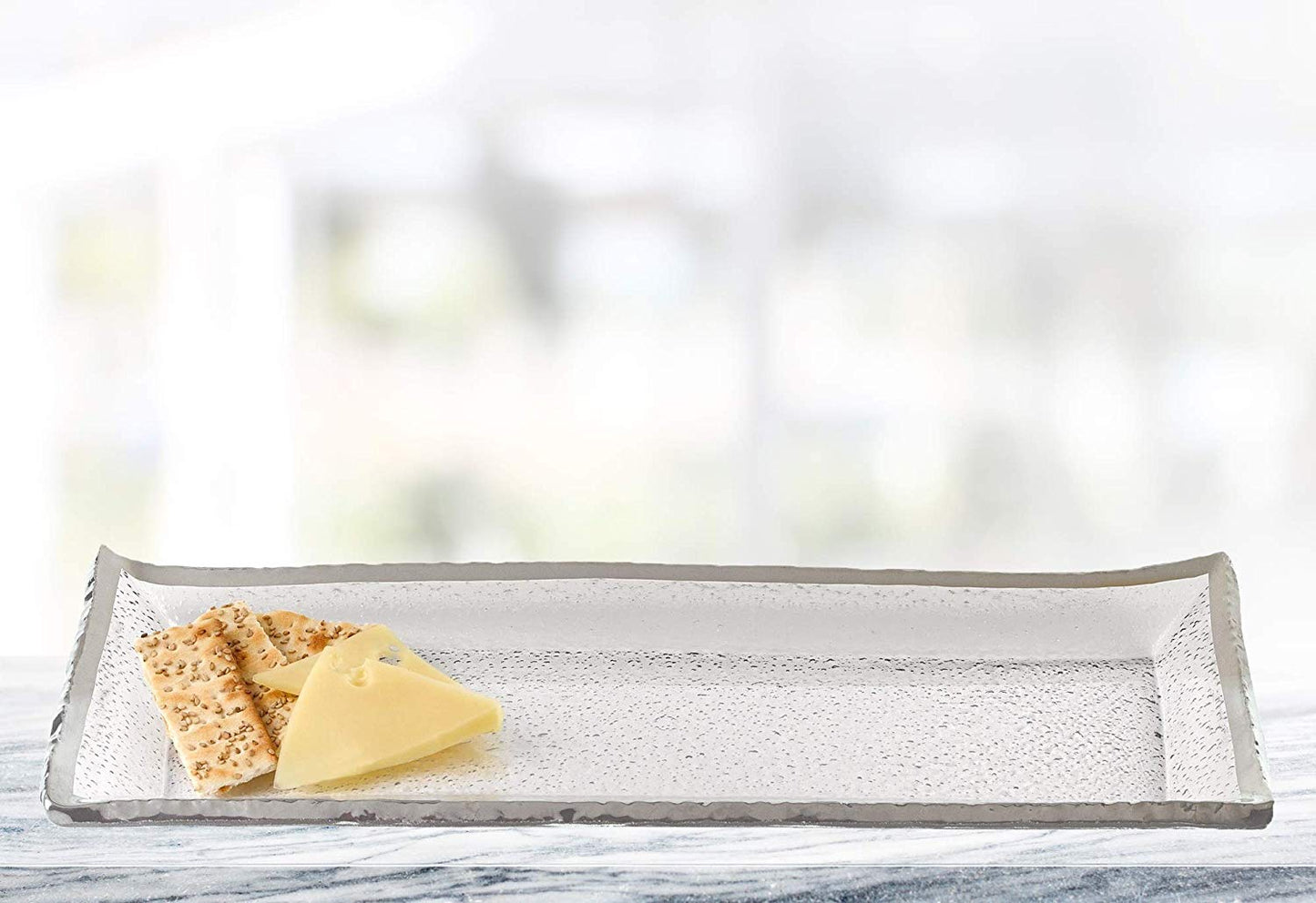 (D) Handcrafted Clear Bubble Glass Rectangular Serving Tray 18"L with Silver Rim