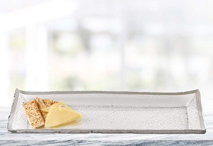 (D) Handcrafted Clear Bubble Glass Rectangular Serving Tray 18"L with Silver Rim