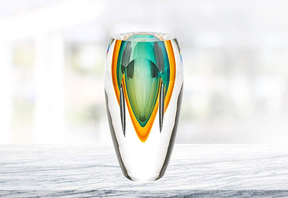 (D) Handcrafted 'Astra' Murano Art Glass Green Decorative Oval Flower Vase 6"