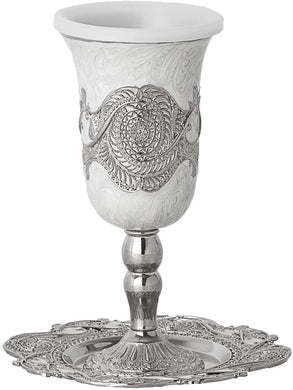 (D) Judaica Kiddush Cup on Base White Enamel with Tray 6.75 H