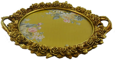 (D) Gold Serving Tray with Handles Round Vintage Platter 17'' for Breakfast