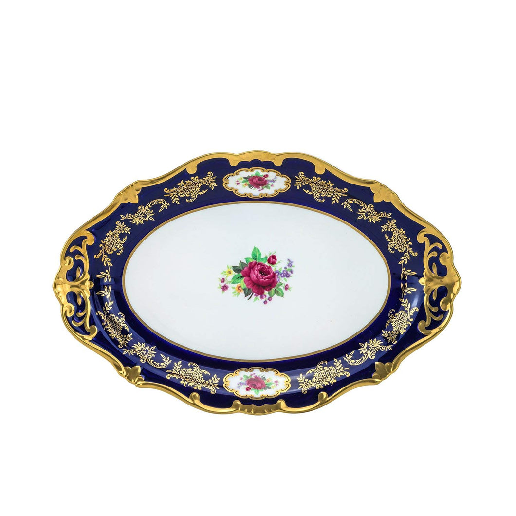 Royalty Porcelain Oval Cobalt Blue Fruit Serving Platter, 24K Gold (12R)