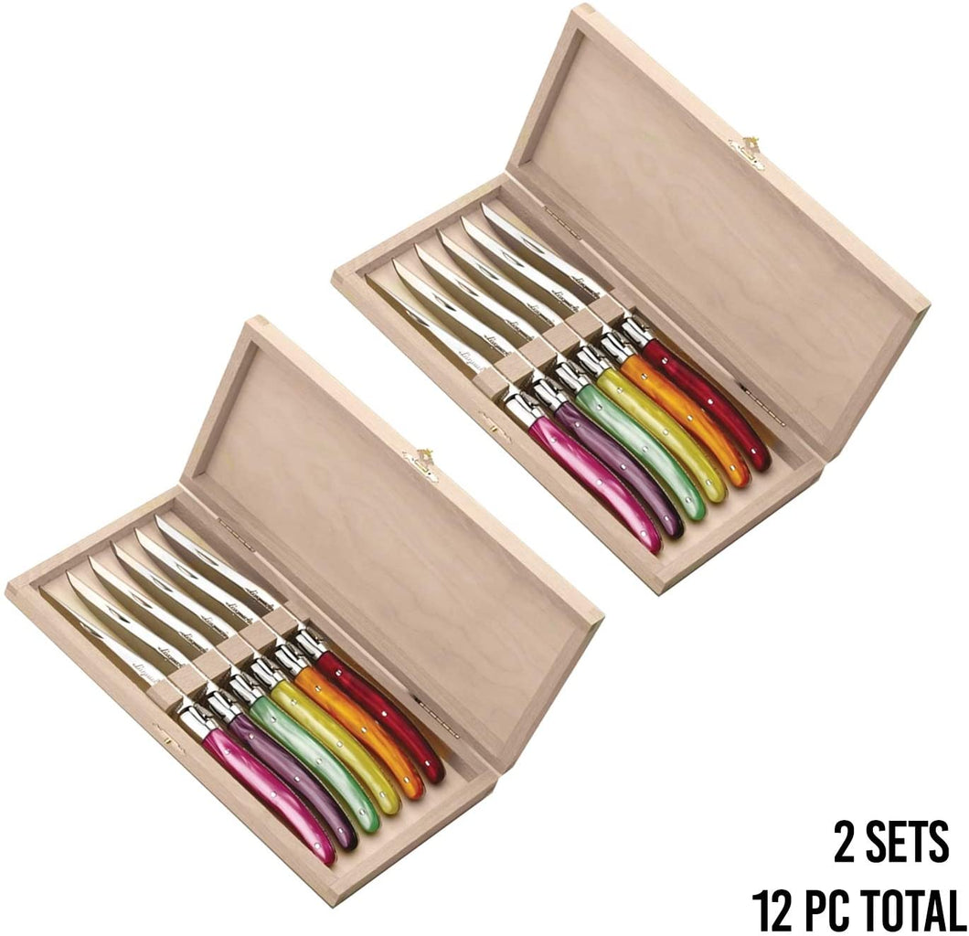 French Vintage Steak Knives with Rainbow Colored Handles.