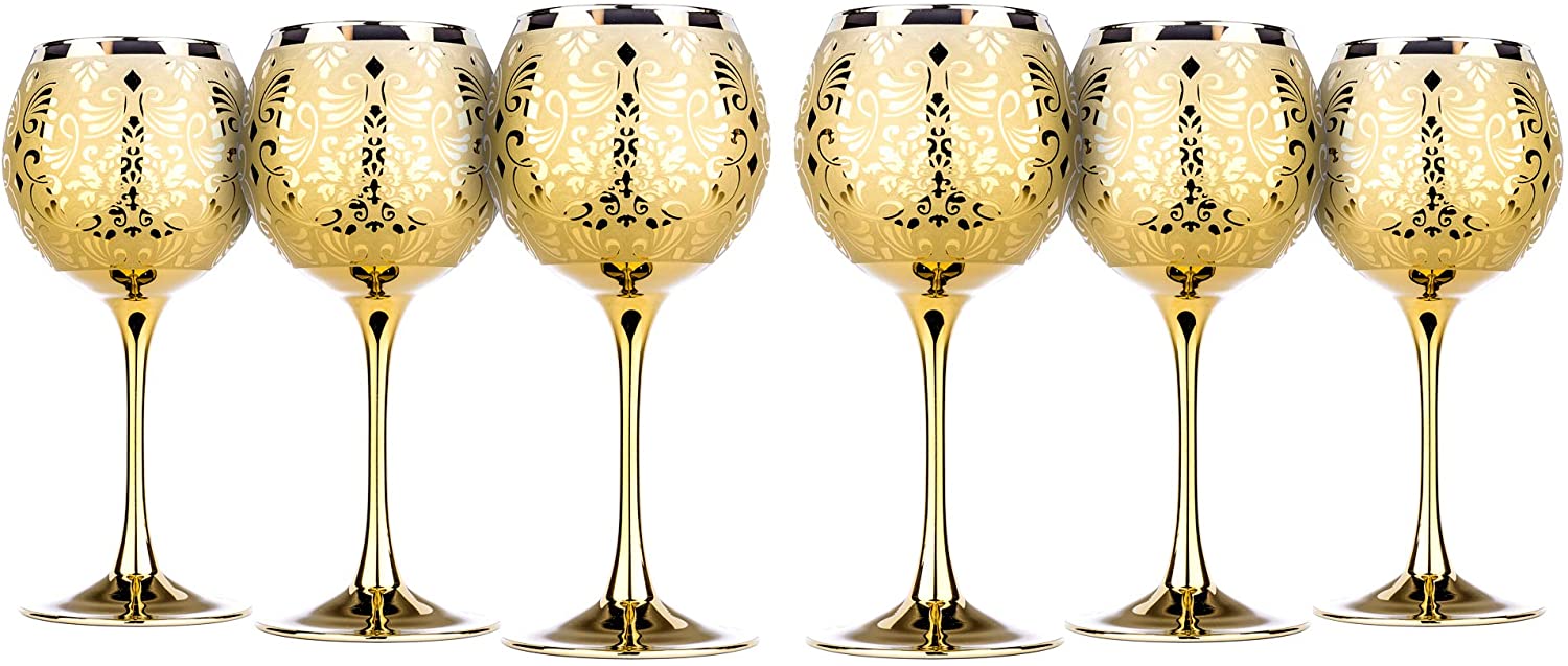 Crystal Glass Wine Steam Glasses Gold Goblets ' Liberty' 6-pc Hand Blow