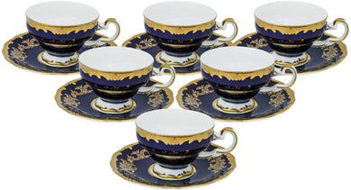 Royalty Porcelain 12-pc Tea Set Blue with Gold Floral Design, Bone China