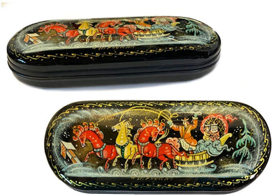 (D) Eyeglass Case Box Fedoskino Style Three Horses Hand Painted Russian Souvenir