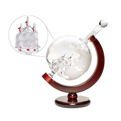 Ship Decanter Hand Blown Clear Glass on Stand for All Types of Alcohol and Other Liquids Etched World Map Globe (50 Oz)