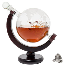 Large 50 Oz Handmade Etched Globe Decanter Set with Wooden Stand and Glass Ship inside, for Wine, Whiskey, Brandy, Tequila, Bourbon, Scotch, Rum and Liquor (with Glasses and Funnel)