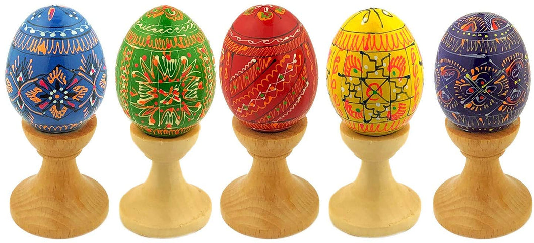 (D) Religious Gifts 5pc Colorful Wooden Ukrainian Easter Pysanky Eggs on Stand