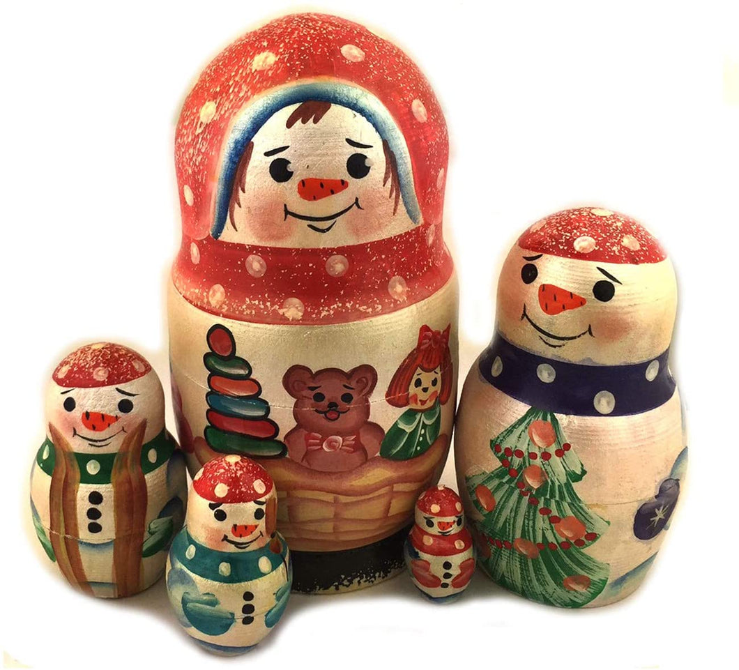 (D) Russian Souvenirs White Nesting Dolls Matryoshka Snowman Set 5pc
