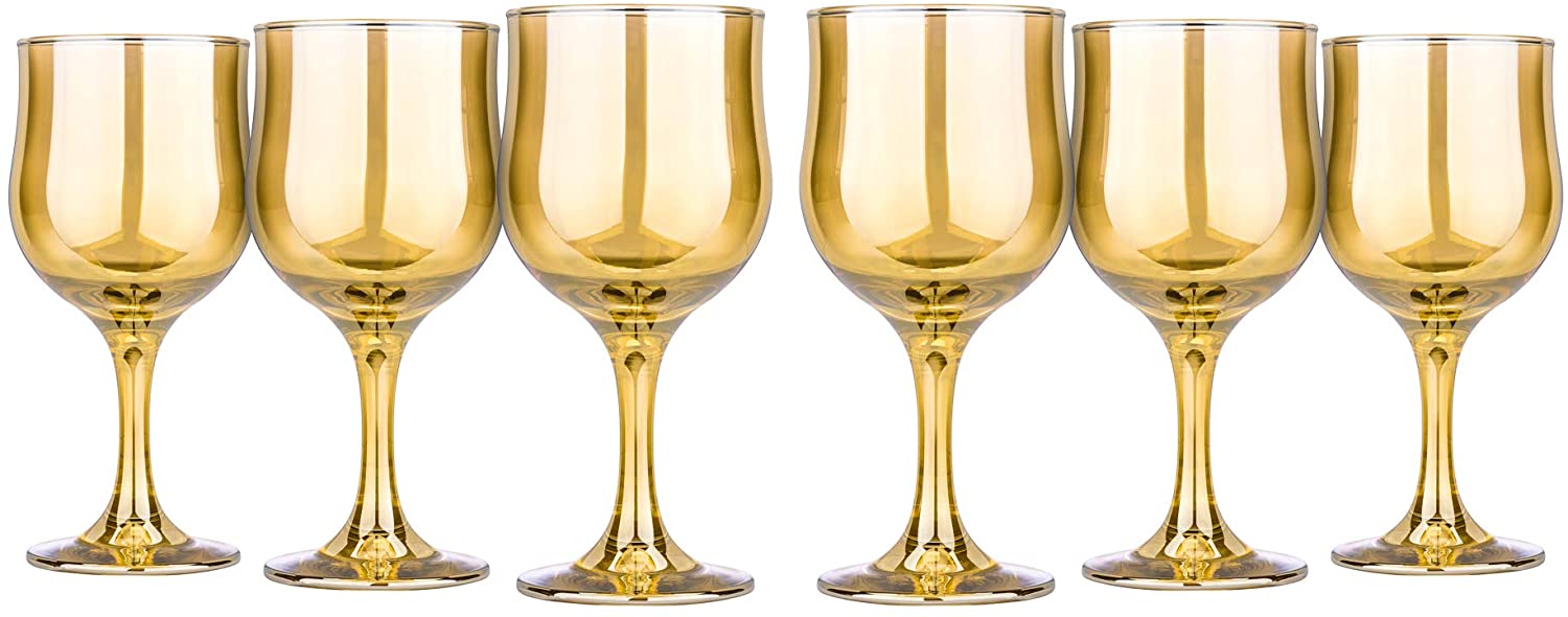 Wine Stemmed Glasses Set 10.5 Oz Modern Crystal Glassware Gold 'Honey' Set of 6