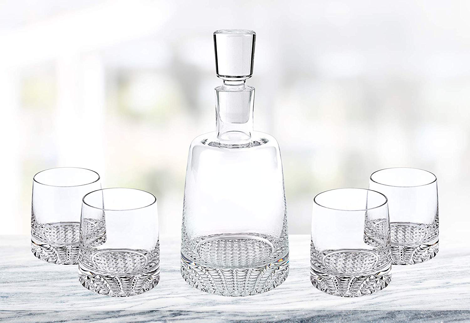 (D) Handcrafted 'Park Avenue' Crystal Glass 5-pc Decanter & Glasses Whiskey Set