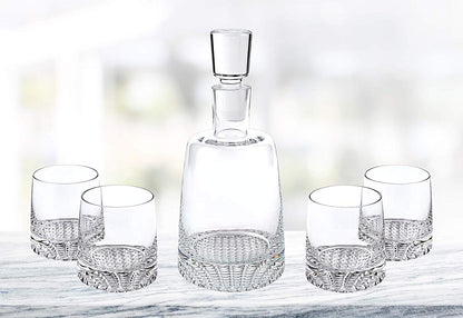 (D) Handcrafted 'Park Avenue' Crystal Glass 5-pc Decanter & Glasses Whiskey Set