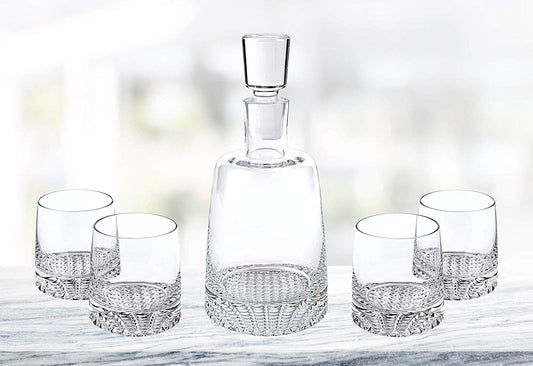 (D) Handcrafted 'Park Avenue' Crystal Glass 5-pc Decanter & Glasses Whiskey Set