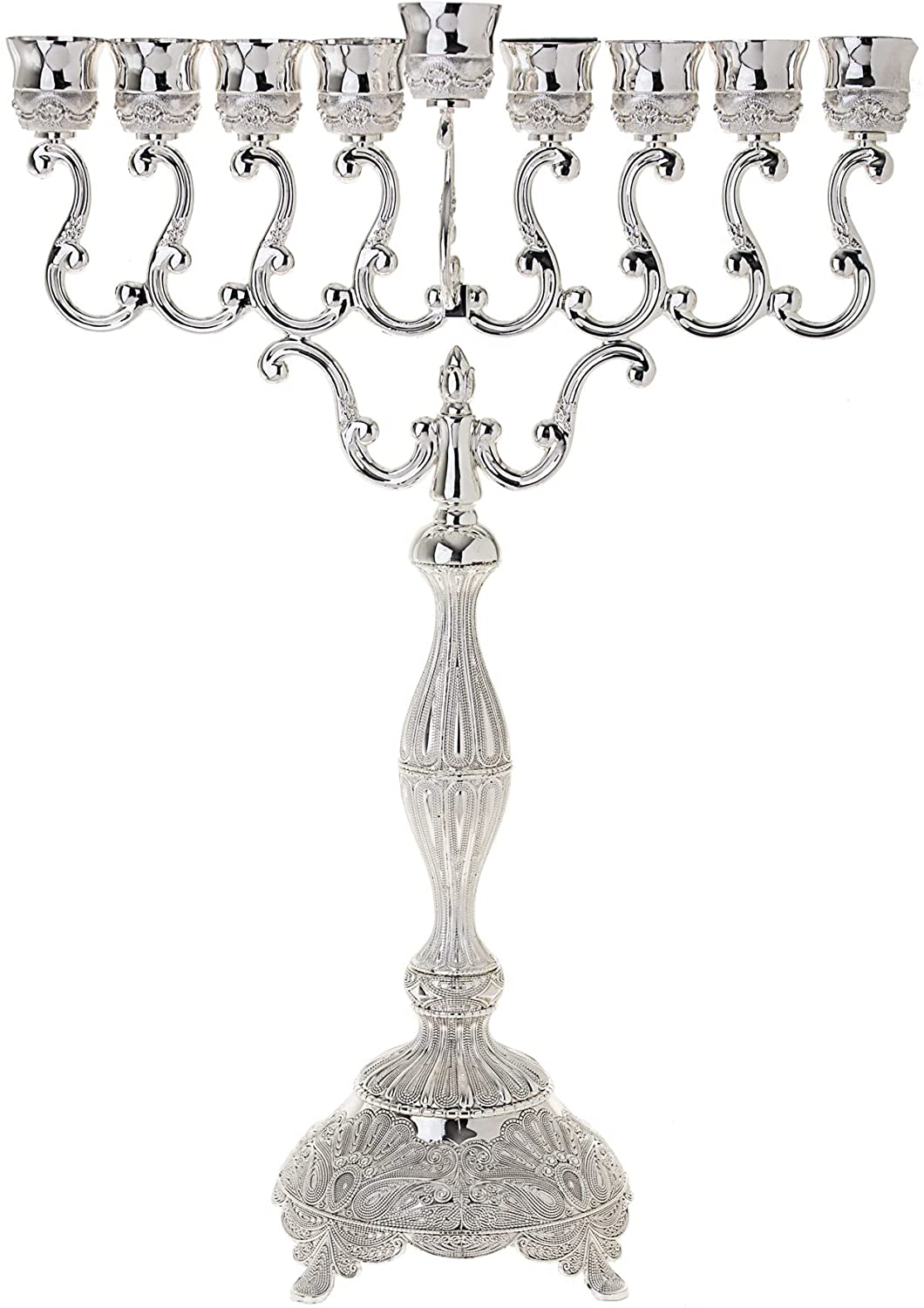 (D) Judaica Silver Plated Menorah with a Tiny Decorated Base for Chanukah 27''