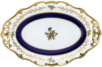Royalty Porcelain Oval White Floral Serving Platter with Blue Gold Strip (14)
