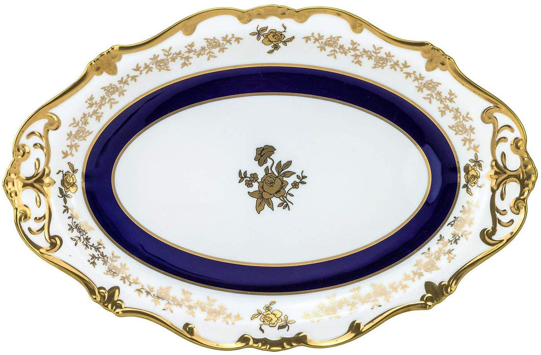 Royalty Porcelain Oval White Floral Serving Platter with Blue Gold Strip (14)
