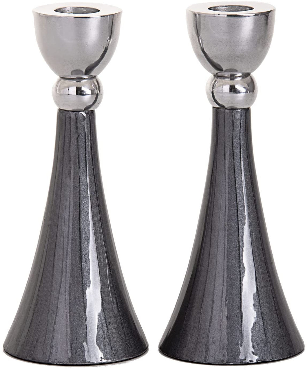 (D) Judaica Candlestick with Stainless Steel Metal 2 pc (Grey)