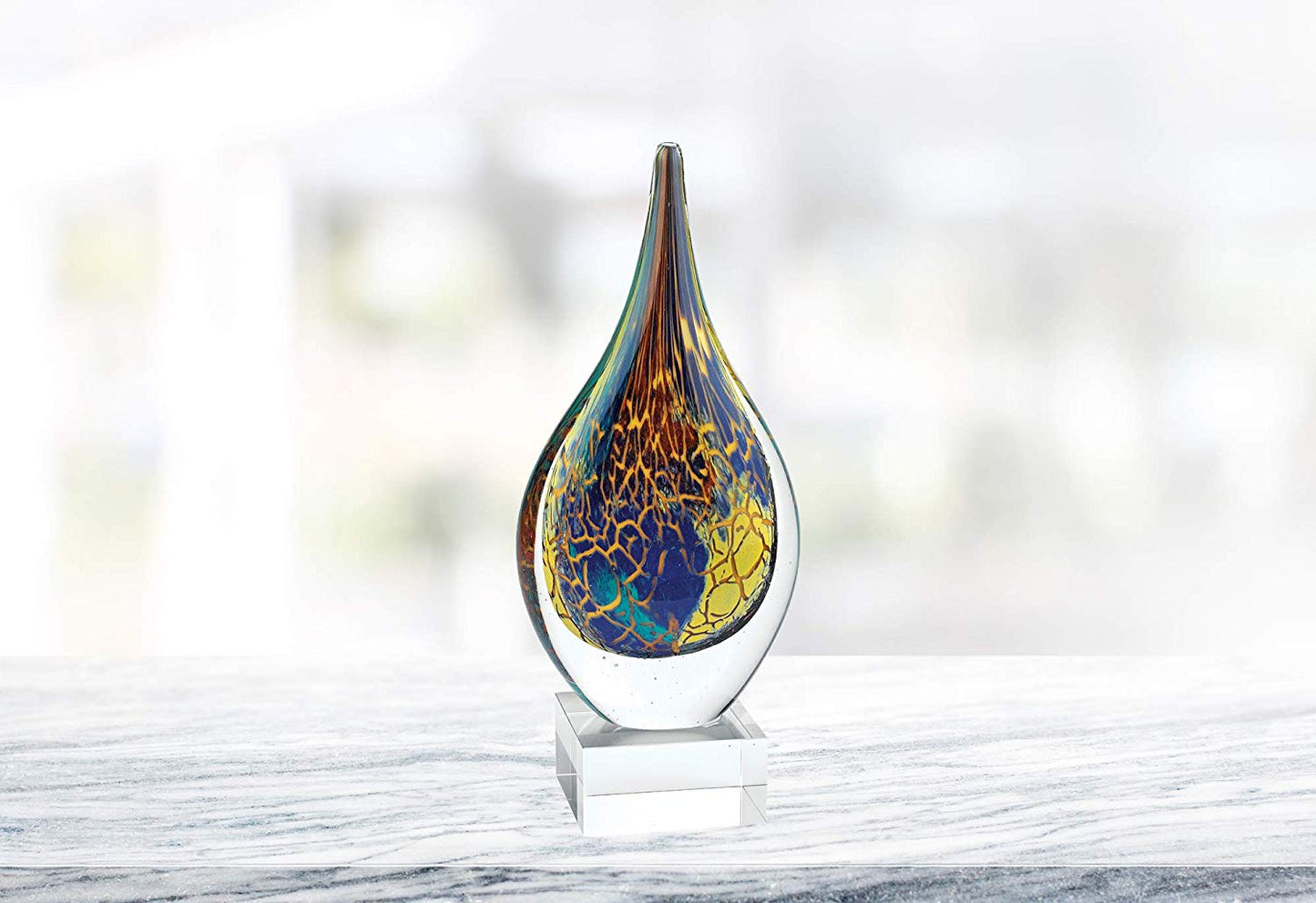 (D) Handcrafted Murano Art Glass 'Firestorm' Teardrop Figurine 11" on Base
