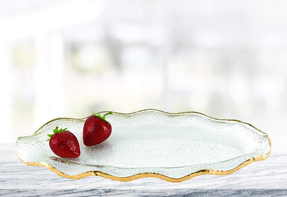 (D) Handcrafted Goldedge Oval Wavy Serving Platter 14" with Gold Rim, Handmade