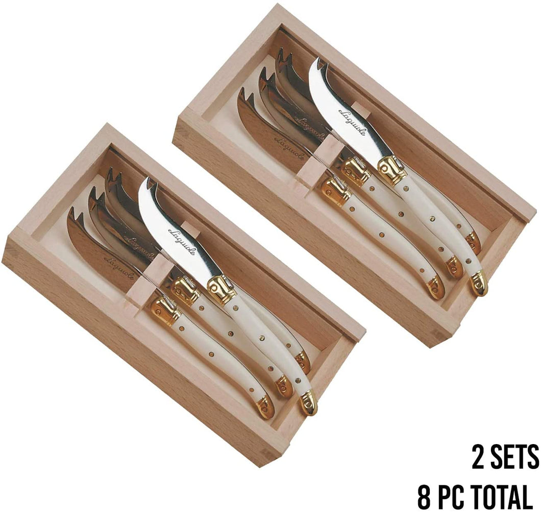 (D) Cheese Knife - Laguiole French 4 PC Set in Wood Box Vintage 2 PACK (Ivory)