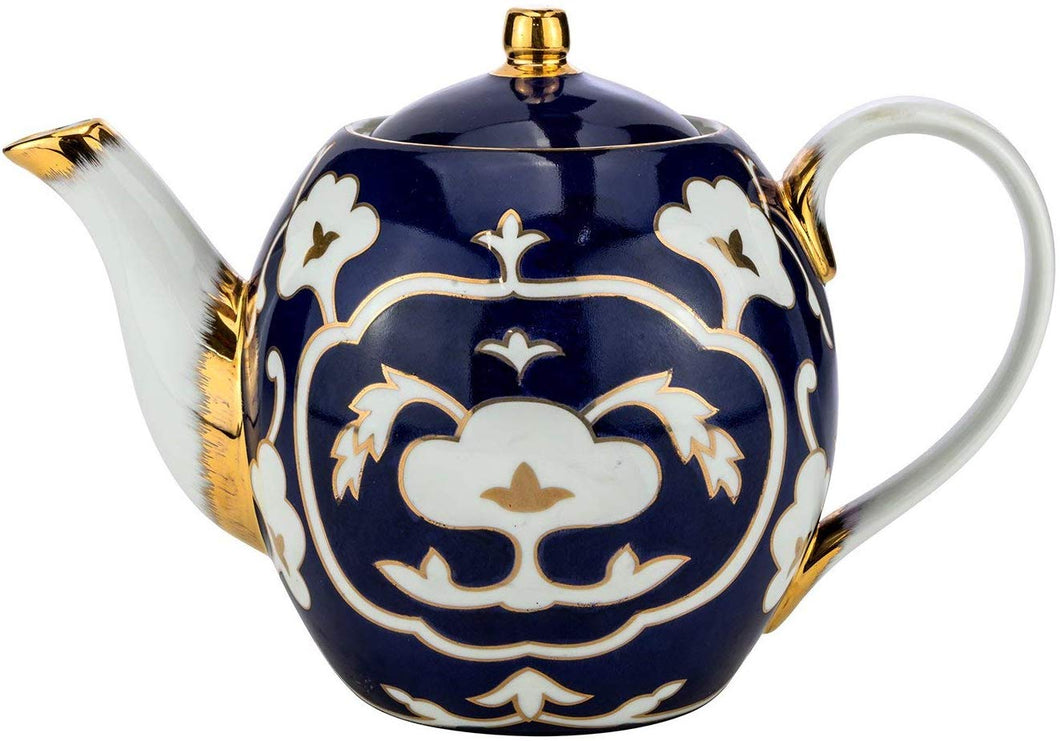 Royalty Porcelain Teapot with Gold Lid, Floral Design 14 Oz (Blue)