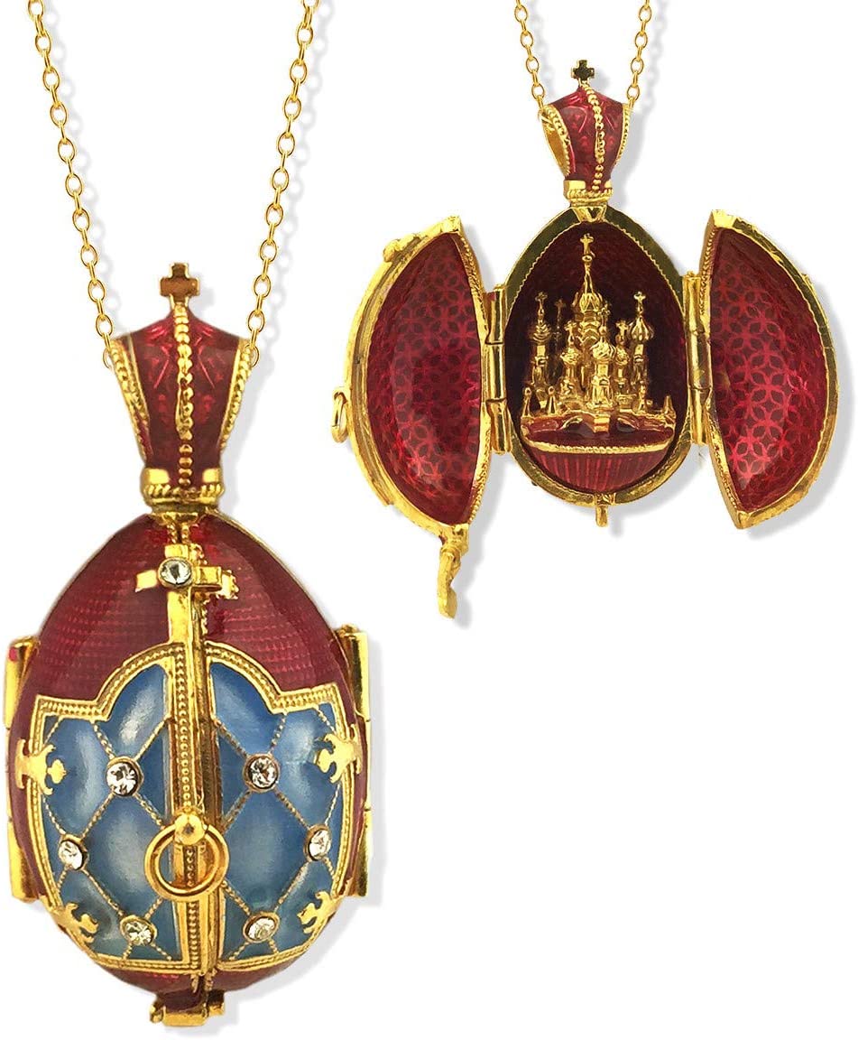(D) Religious Gifts Enamel Silver Gold Faberge Style Egg (Basil Cathedral Red)