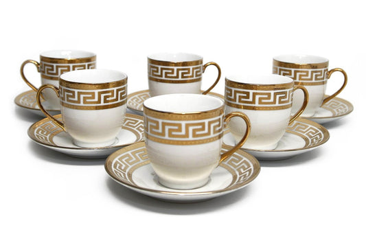 Royalty Porcelain 12pc Miniature Espresso Coffee Set, Six 24K Golden-Plated Cups w/ Saucers, Greek Pattern Porcelain Tableware