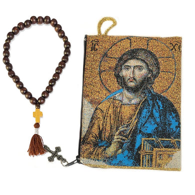 Gifts Plaza (D) Jesus Prayer Pouch - 2 Sided With Wooden Prayer Beads (Christ of Agio Sophia 33 Beads)