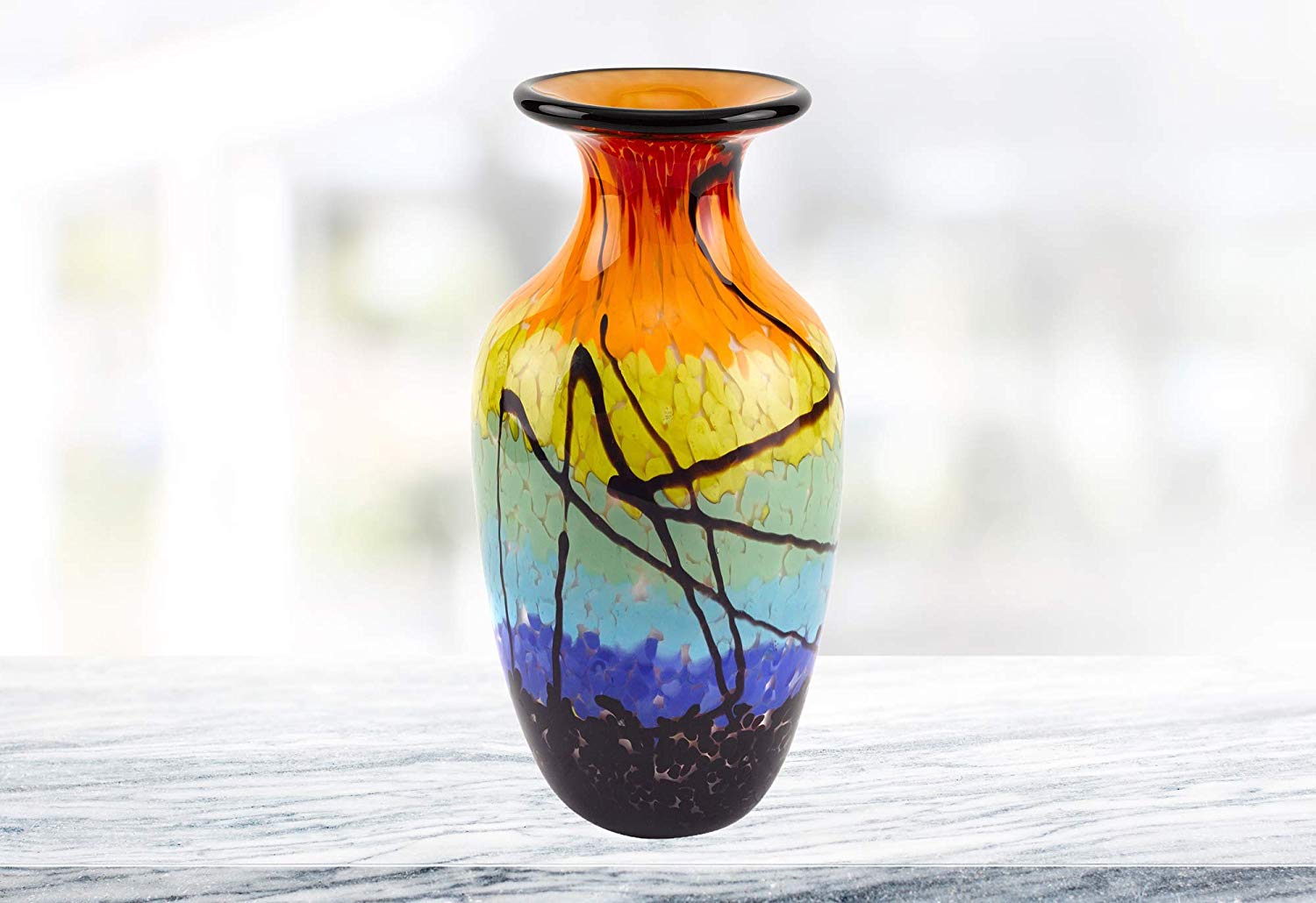 Allura Murano Art Rainbow-Colored Glass Decorative Urn Flower Vase 10.5in