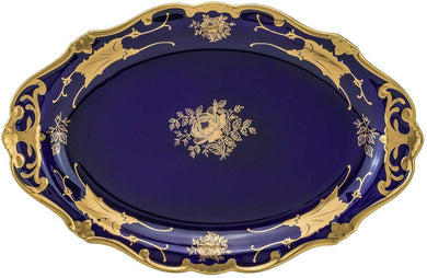 Royalty Porcelain Blue Oval Serving Platter, Leaves' 24K Gold Pattern (12'')