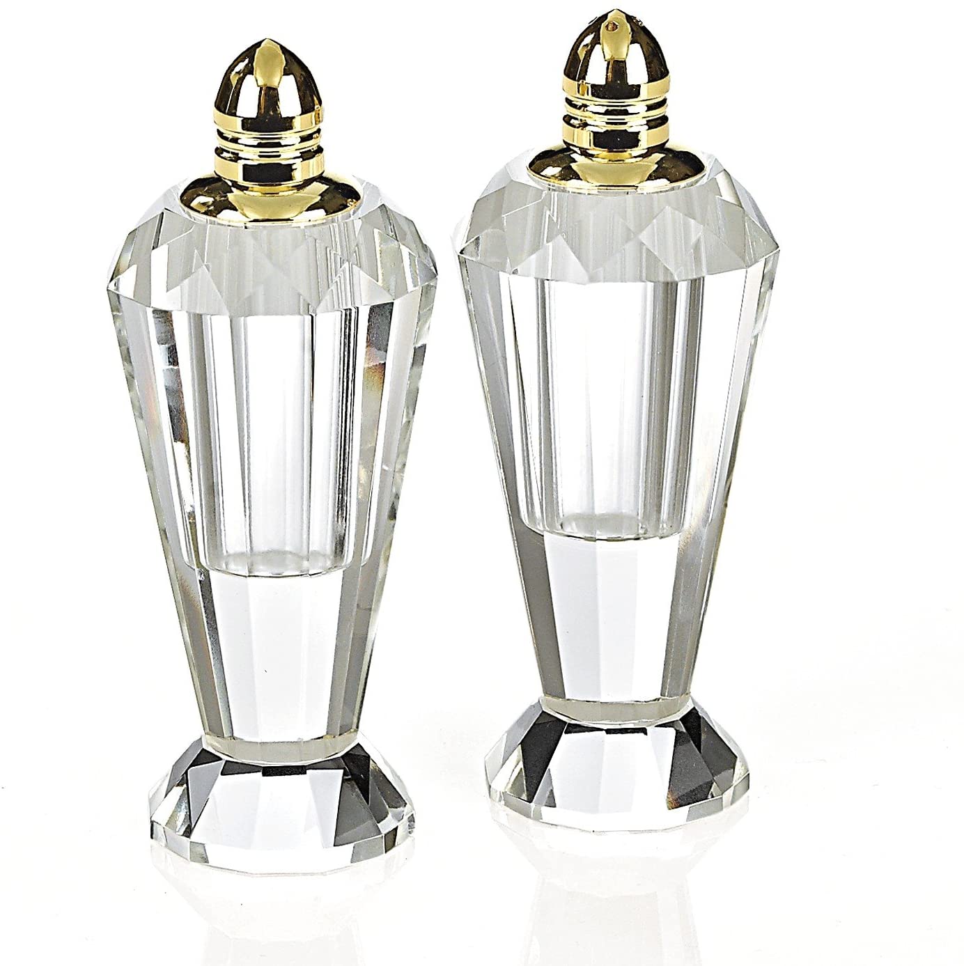 (D) Crystal Pair Salt and Pepper Set Preston 4" with Gold Tops