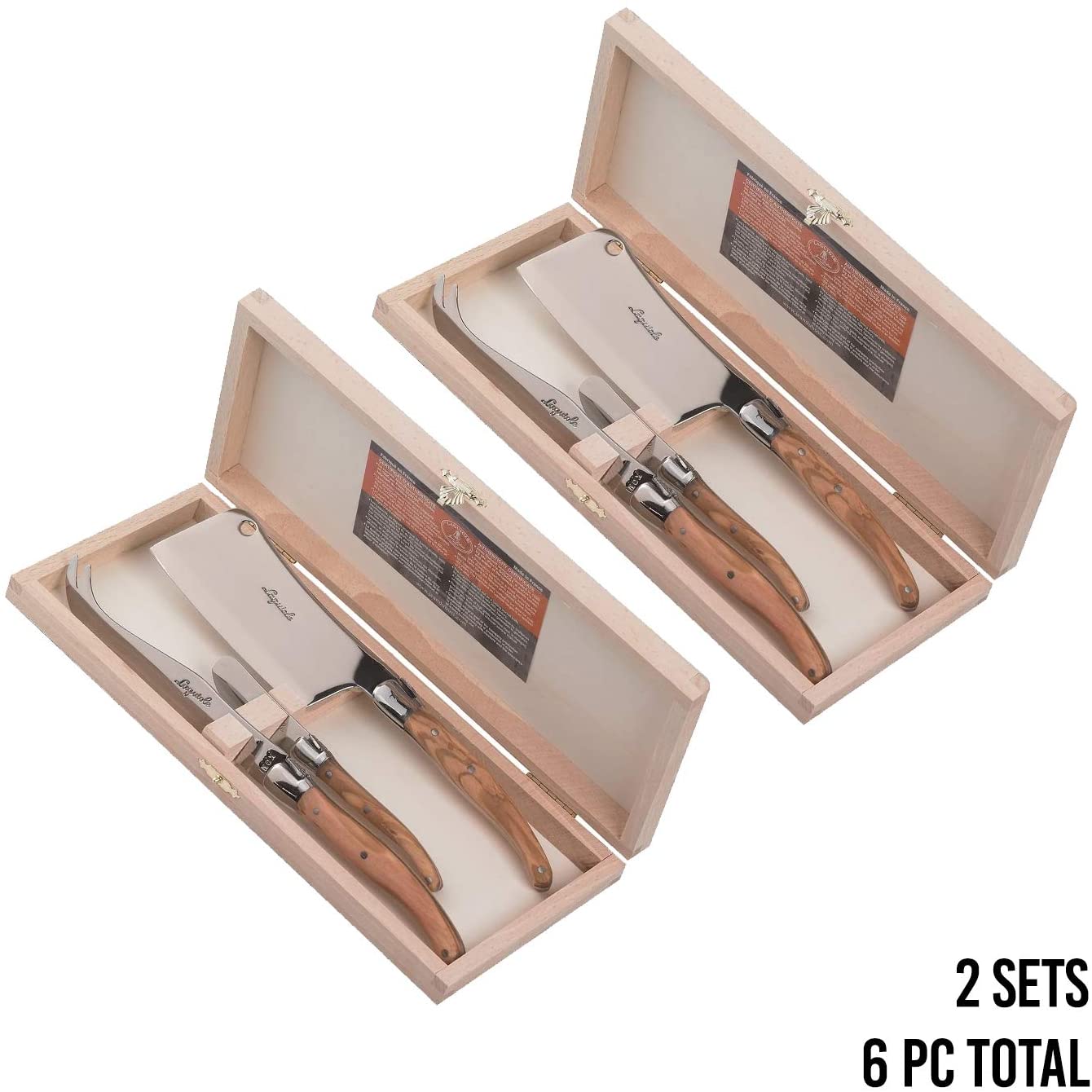 (D) Laguiole Hand Made French 3pc Wood Cheese Set in a Clasp Box Vintage 2 PACK