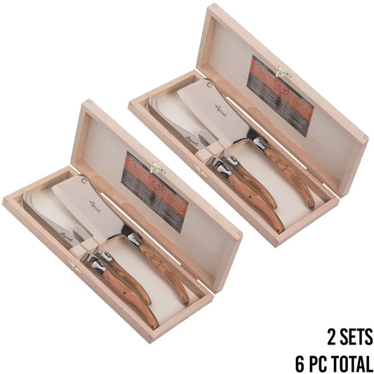 (D) Laguiole Hand Made French 3pc Wood Cheese Set in a Clasp Box Vintage 2 PACK