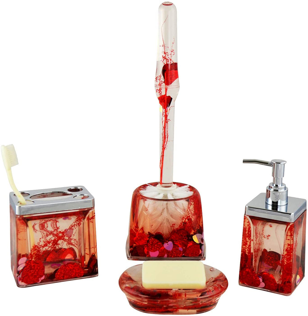 (D) 5-Piece Bathroom Set with Soap Dispenser (Red Hearts)