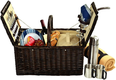 (D) Surrey Picnic Basket for 2 with Blanket and Coffee Set for Outdoor (Blue)