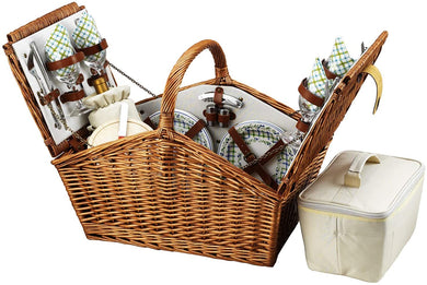 (D) Huntsman Picnic Basket for 4, Full Equipment Set for Outdoor (Green)