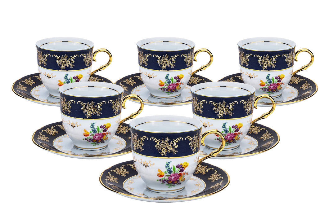 Royalty Porcelain 12-pc Vintage Flower Patterned Dark Cobalt Blue Tea Cup Set