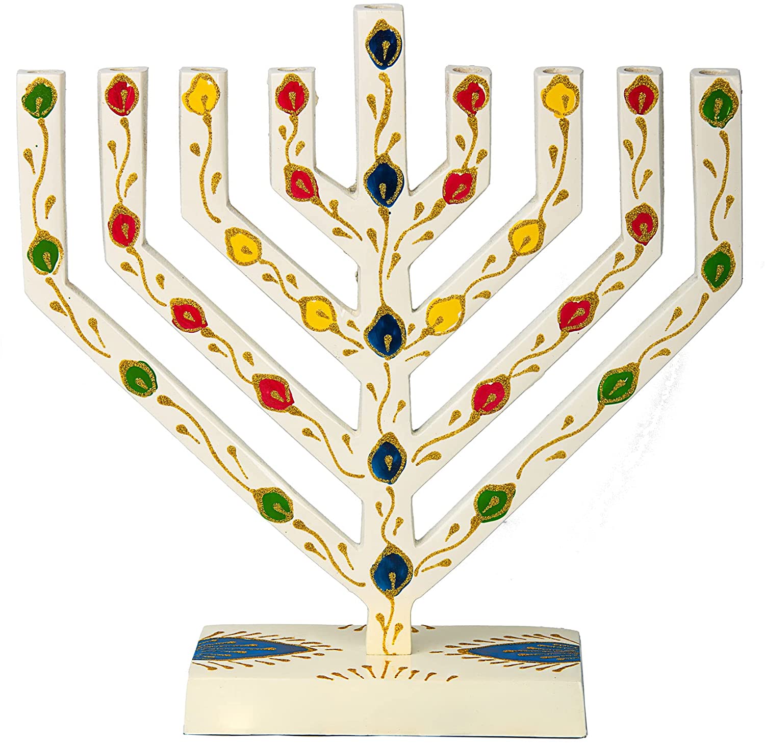 V-shaped colored Hanukkah menorah in upright display position, 9.5 inches tall with multicolor finish