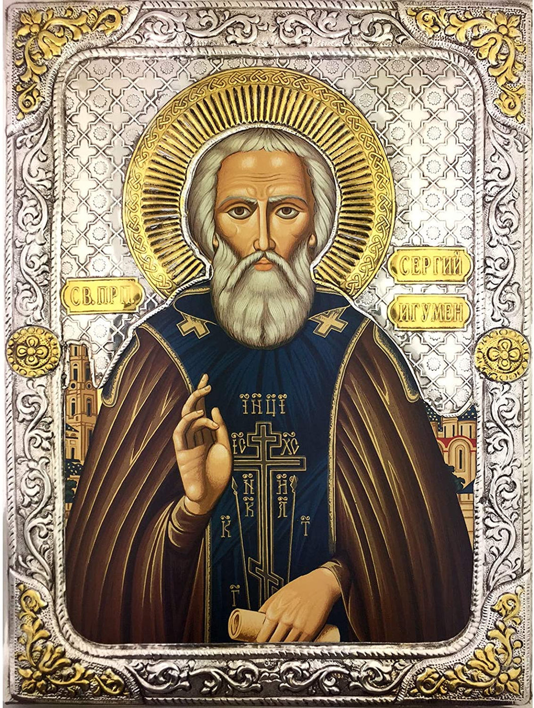 (D) Religious Gift St Saint Sergius Sergey Greek Serigraph Icon Silver 925