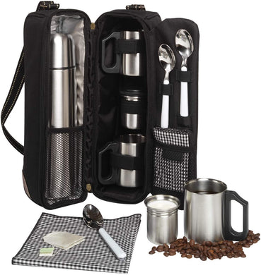 (D) Coffee and Tea Black Tote with Vacuum Flask for Picnic and Outdoor