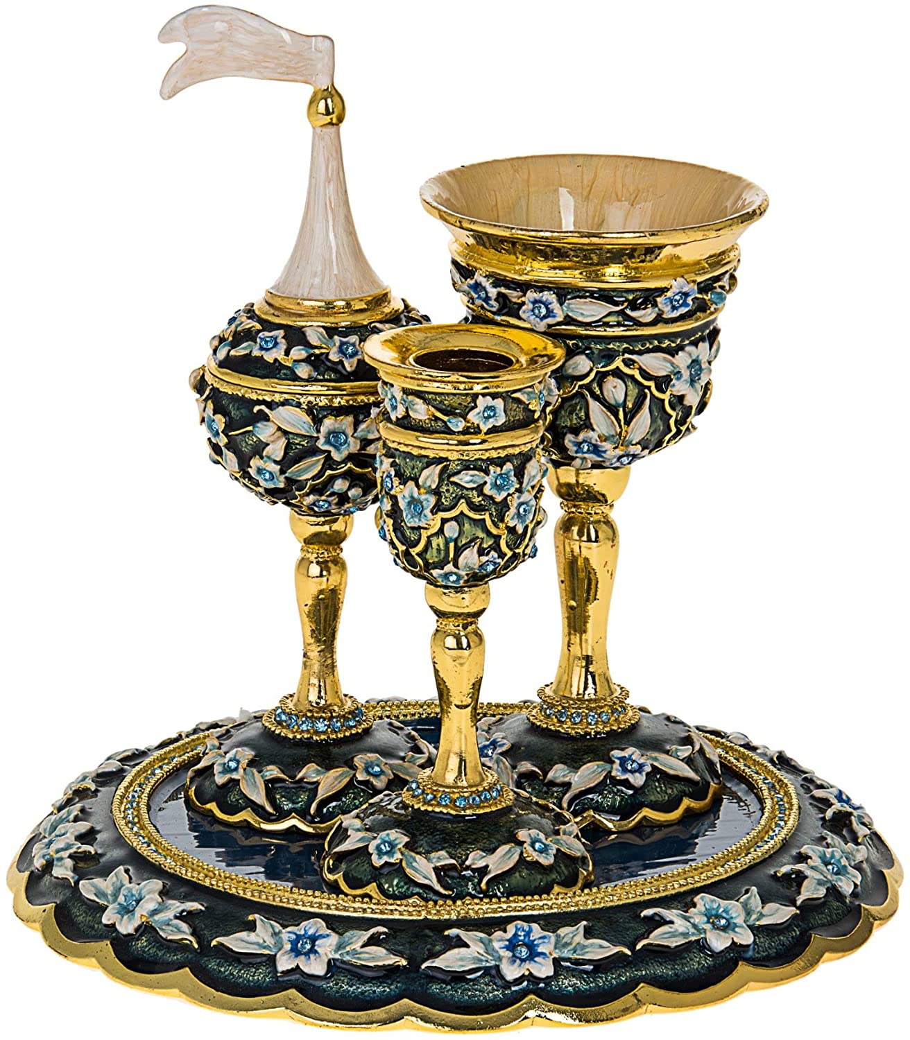 (D) Judaica Green Jeweled Havdalah Set with Tiny Flowers Cups, Candle Holder